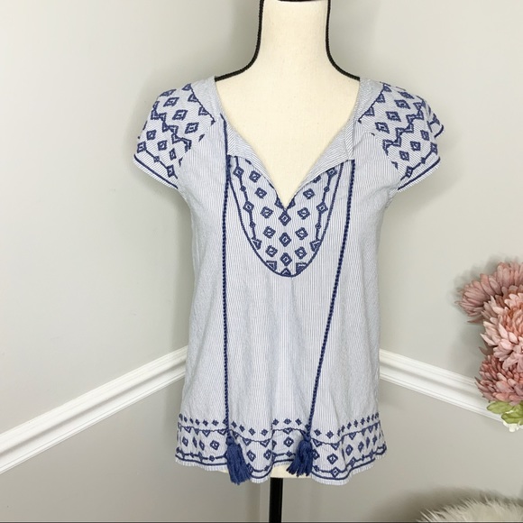 THML Tops - THML Blue White embroidered draw string Top